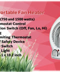 Portable 2 Speed Space Heater With Thermostat And Safety Cutoff 750 And 1500 Watt Heat Fan Only And Four Position Switch