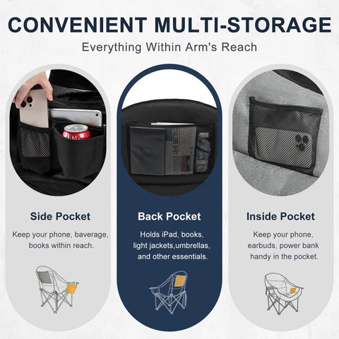 Image showing side, back, and inside pockets of an Oversized Camping Chair For Adults With Cup Holder And Side Pocket in grey.