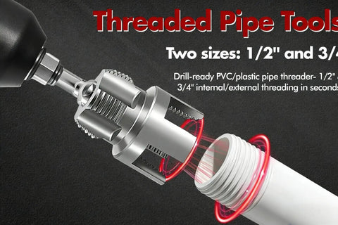 Close-up of drill with One Inch PVC Pipe Threader Kit With Internal And External Threading, interchangeable dies attached.