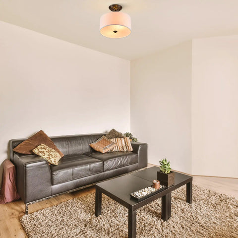 Living room with Matte Black 13 Inch Drum Ceiling Light Fixture With White Shade Two-Light Semi-Flush Mount Close-To-Ceiling Lamp