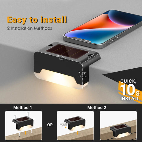 16 Pack Solar Deck Lights And Outdoor Step Lamps Waterproof Led Stair Lanterns For Fence Patio Railing, easy install dimensions shown.