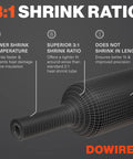 Must-Have Heat Shrink Tubing Kit 3:1 Adhesive Lined Waterproof Marine Grade Black, diagram showing 3:1 shrink ratio.