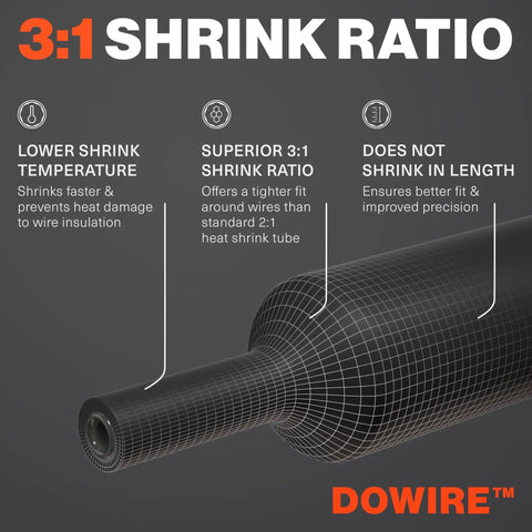 Must-Have Heat Shrink Tubing Kit 3:1 Adhesive Lined Waterproof Marine Grade Black, diagram showing 3:1 shrink ratio.