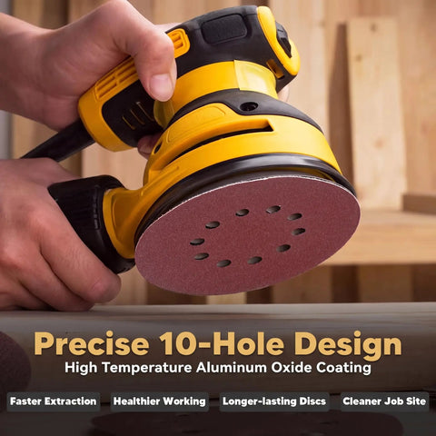 40 Piece Assorted 9 Inch Hook And Loop Sanding Discs With Ten Holes Featuring Eight Grit Ranging From Rough 40 To Smooth 600 on a sander.