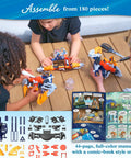 Children assembling wearable hydraulic water blaster kit with 180 pieces, manual in view, part of STEM toy set.
