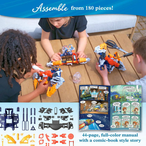 Children assembling wearable hydraulic water blaster kit with 180 pieces, manual in view, part of STEM toy set.