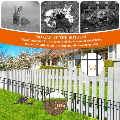 No Dig Garden Border Fencing Kit With 6 Black Metal Panels 12 By 16 Inches Decorative Fence Barrier installed along white picket fence.