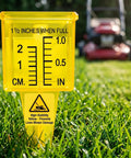 Four Pack Outdoor Rain Gauge With Wide Mouth 1.5 Inch Markings Ground Stake Yard Garden Sprinkler Irrigation Tool Easy Rainfall Readout For Lawn Care Pros High Visibility Yellow Weather Instrument yellow rain gauge stake in grass, 1.5 inch markings