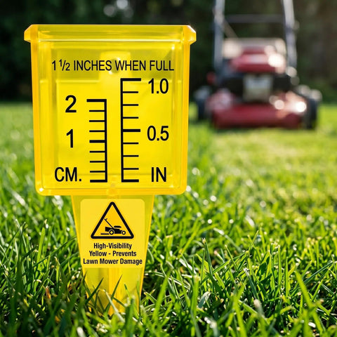 Four Pack Outdoor Rain Gauge With Wide Mouth 1.5 Inch Markings Ground Stake Yard Garden Sprinkler Irrigation Tool Easy Rainfall Readout For Lawn Care Pros High Visibility Yellow Weather Instrument yellow rain gauge stake in grass, 1.5 inch markings