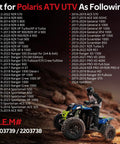List of Polaris ATV UTV models compatible with the 2 Piece Front Differential Oil Drain And Fill Plug Kit For Polaris RZR UTVs Including RZR 570 800 S 800 XP Turbo 900 1000 Trail 900 RZR XP 900 4 900 And 4 800 Models OEM Compatible, featuring rider image on rocky terrain.