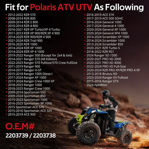 List of Polaris ATV UTV models compatible with the 2 Piece Front Differential Oil Drain And Fill Plug Kit For Polaris RZR UTVs Including RZR 570 800 S 800 XP Turbo 900 1000 Trail 900 RZR XP 900 4 900 And 4 800 Models OEM Compatible, featuring rider image on rocky terrain.
