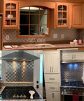 Copper Peel and Stick Backsplash Tiles, 10 Sheet Mosaic Metal Look in kitchen, behind stove, sinks, and cabinetry.
