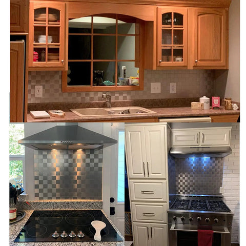 Copper Peel and Stick Backsplash Tiles, 10 Sheet Mosaic Metal Look in kitchen, behind stove, sinks, and cabinetry.