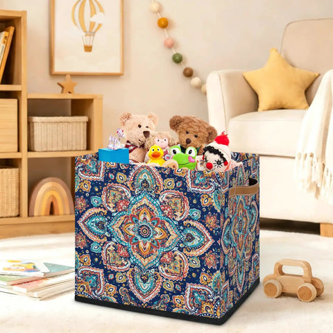 Foldable Paisley Mandala Storage Basket 13 Inch Cube with toys inside, designed for kids' room organization.