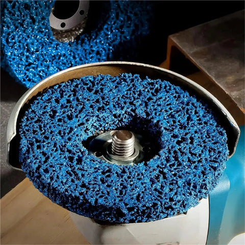 Close-up of 125mm Poly Strip Abrasive Disc Wheel for angle grinder, designed for removing rust and grime efficiently.