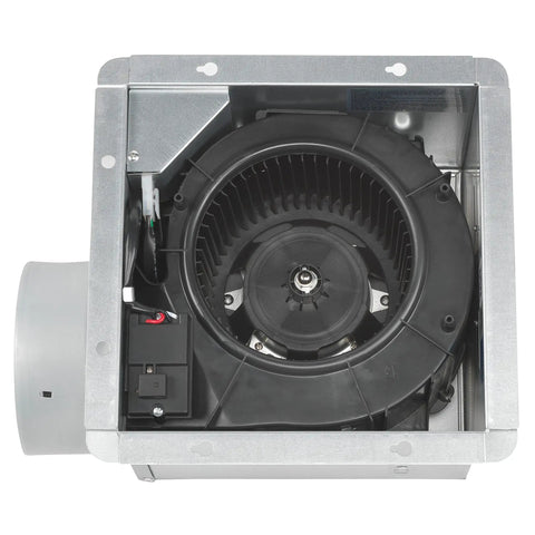 Interior view of Humidity Sensing Bathroom Vent Fan For Large Bathrooms 140 CFM With Auto On Off Quiet Exhaust Powerful Airflow 1.0 Sone Energy Star Rated Red And Green LED Indicators, showcasing fan mechanism.