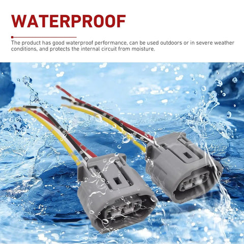 No Hassle Fix Straight Shot Three Wire Alternator Regulator Harness With Heavy Duty Waterproof Plug For Fast Drop In Install Compatible With Toyota Nissan Mazda Ford Dodge Gray Two Piece Set in water with clear waterproof features.