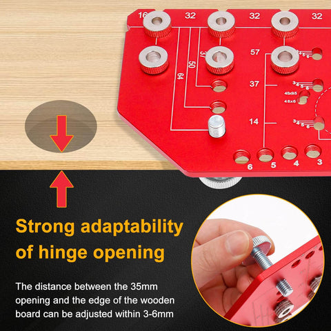 Close-up of 2 In 1 Shelf Pin And Hinge Jig with markings and clamping, used for cabinet hardware installation and hinge adjustment.