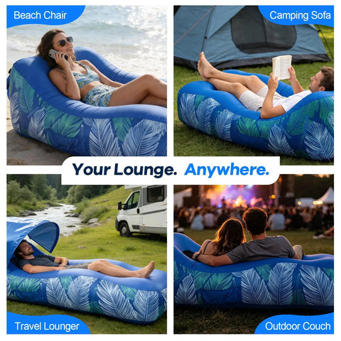 Inflatable Lounger Air Sofa With Sun Shade Waterproof Beach Bed With Electric Pump Lightweight Hammock Chair in use at various outdoor locations.