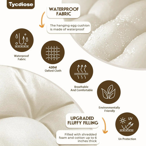 Waterproof Outdoor Egg Chair Cushion Replacement For Hanging Egg Chairs 47x33x7 Inches U Shaped Thick Pad Cream Mega Comfy Water Resistant Pad For Hammock Swing Chairs with breathable waterproof fabric and fluffy filling
