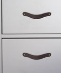 Set Of Four Full Grain Leather Drawer Handles Handmade In Bourbon Brown With Pre Made Holes For Easy Installation Durable And Stylish Furniture Hardware For Dressers Armoires And Cabinets Ideal For DIY Renovations installed on silver drawers