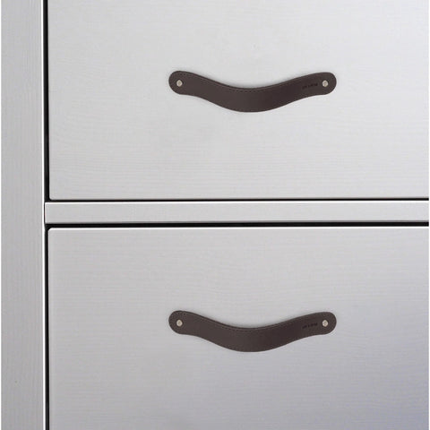 Set Of Four Full Grain Leather Drawer Handles Handmade In Bourbon Brown With Pre Made Holes For Easy Installation Durable And Stylish Furniture Hardware For Dressers Armoires And Cabinets Ideal For DIY Renovations installed on silver drawers