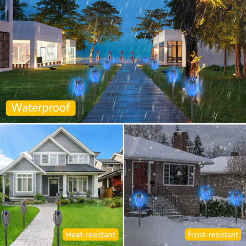 Blue Solar Torch Lights Set, 8 Pack Outdoor LED Tiki Torches With Realistic Flickering Flame, 12 LEDs, Waterproof Landscape Decor