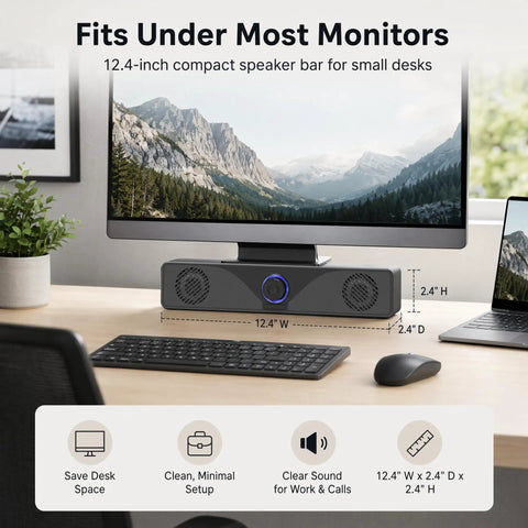 Desktop Monitor Soundbar With USB Powered Plug And Play Audio For Laptop And PC 3.5mm AUX Volume Knob under monitor