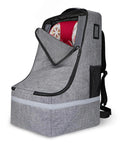 Gate Check Car Seat Travel Bag With Padded Backpack And Waist Belt Reflective Strips And Protective Feet Fits Infant Convertible And Booster Seats For Air Travel showing grey fabric and open top with a car seat inside.
