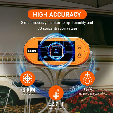 Go-To Portable 3 In 1 CO Detector With Temperature And Humidity Readouts, Built In Alarm, showing display and accuracy icons outdoors