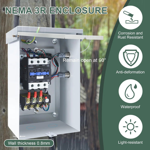 14.5 HP 3-phase magnetic motor starter in a NEMA 3R weatherproof enclosure with ample wiring space.