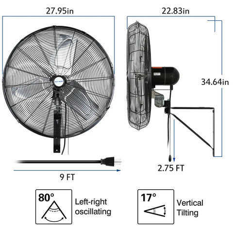 High Velocity 6500 CFM Wall Mounted Fan For Industrial Spaces, 24 Inch Air Circulator dimensions and oscillation details
