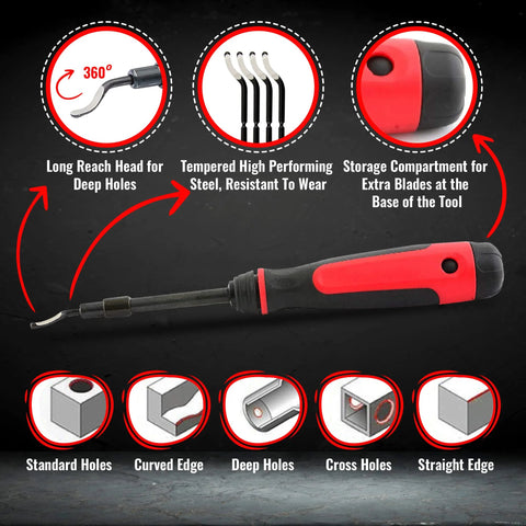Side view: AFA Tooling extendable neck deburring tool with 3 swivel blades, red/black grip; for metal, resin, PVC, copper, plastic