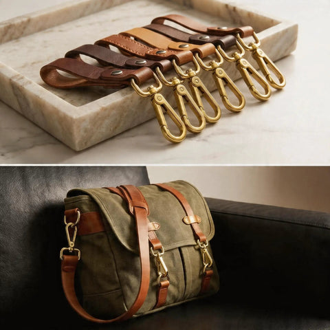 Heavy Duty Gold Zinc Alloy Swivel Lobster Clasps With Push Gate Snaphooks on leather straps for bag making and DIY crafting.