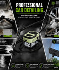 Handheld Steam Cleaner With 2500W Beast Mode Power And 1600Ml Tank used for professional car detailing and upholstery cleaning.