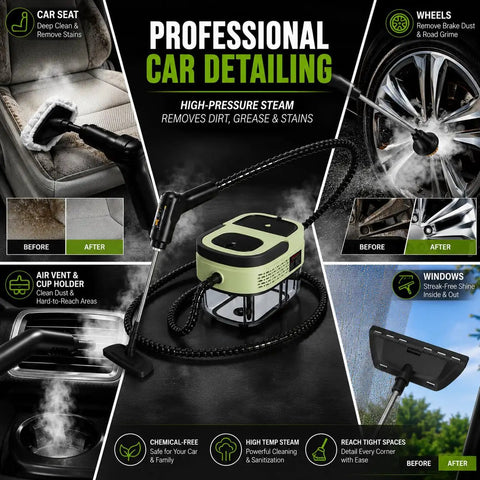Handheld Steam Cleaner With 2500W Beast Mode Power And 1600Ml Tank used for professional car detailing and upholstery cleaning.