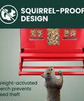 Country House Squirrel Proof Bird Feeder With Weathervane 8 Lb Seed Capacity All Metal Durable Construction Easy Fill Outdoor Feeder Rustic Red Backyard Decor For Birds with squirrel at perch demonstrating weight-activated design.