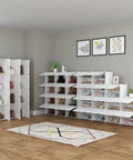 48 Pair Shoe Storage Cabinet With 3 By 8 Tier Space Saving Shoe Organizer for living room showing white shelving unit with shoes.