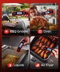 Collage of digital meat thermometer in action with grilling, oven, liquids, and air fryer, showing readings for each cooking method.