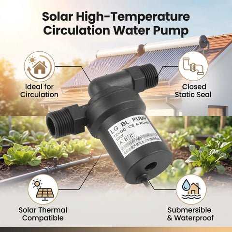 12V 10W DC Brushless Circulation Pump Solar Water Heater Hero High Temp Beast Zero Drip Guarantee Works On Dry Or Wet Rotors close-up on high-temp circulation pump with labels and solar panels in background