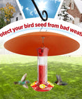13 Inch Hummingbird Feeder Shade Cover Rain Shield Dome protecting feeder outdoors with two hummingbirds feeding