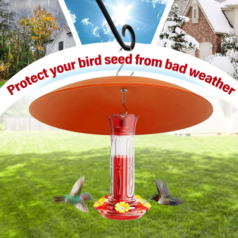 13 Inch Hummingbird Feeder Shade Cover Rain Shield Dome protecting feeder outdoors with two hummingbirds feeding