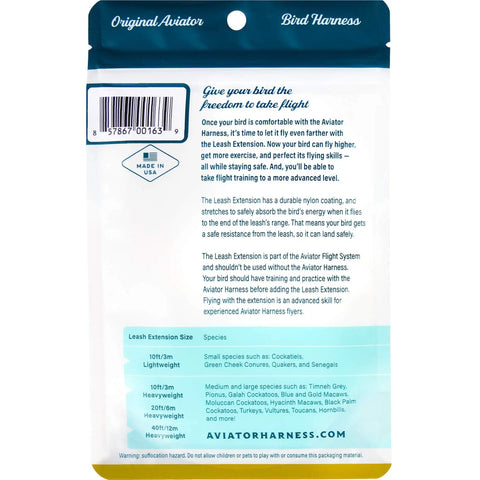 Bird Harness Leash Extension 10 Foot 3 Meter For Small To XXL Birds packaging back with instructions and barcode