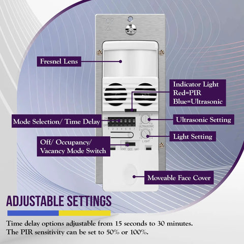 Dual Technology Motion Sensor Light Switch MWOSW With PIR And Ultrasonic Sensing, neutral wire, settings detail, white