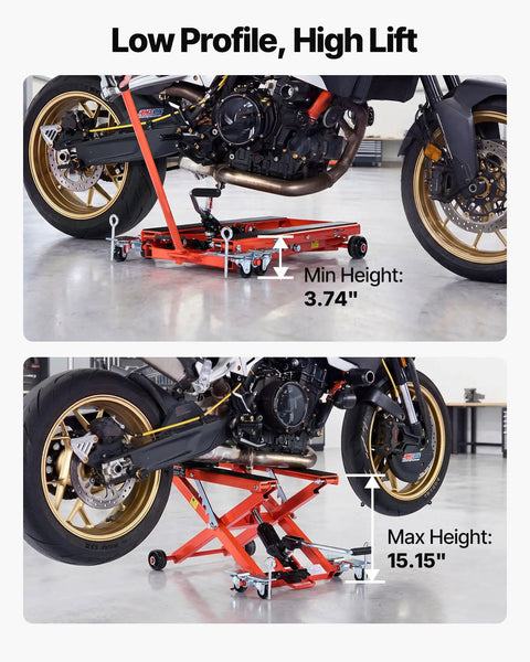Hydraulic Motorcycle Lift Jack 1100 Lbs Capacity, Portable Scissor Lift Stand With Six Wheels, Foot Operated Hoist For Dirt Bikes, Adjustable Height From 4.72 To 15.15 Inches, Easy Use And Maintenance
