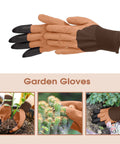 Brown garden gloves with black claw fingertips shown holding soil and cactus for planting and pruning.