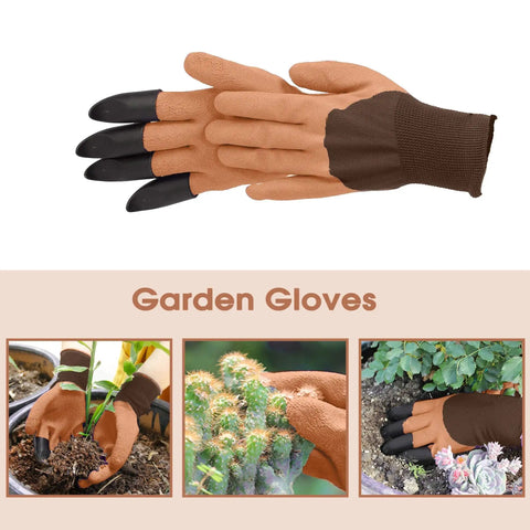 Brown garden gloves with black claw fingertips shown holding soil and cactus for planting and pruning.
