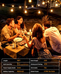 Friends enjoying a dinner party under Connectable Dimmable Outdoor LED String Lights With G40 Globe Bulbs on a patio.