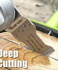 Close-up of multitool blade from Six Piece Diamond Oscillating Saw Blade Set For Grout Removal And Tile Repair in use on wood.