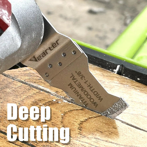 Close-up of multitool blade from Six Piece Diamond Oscillating Saw Blade Set For Grout Removal And Tile Repair in use on wood.